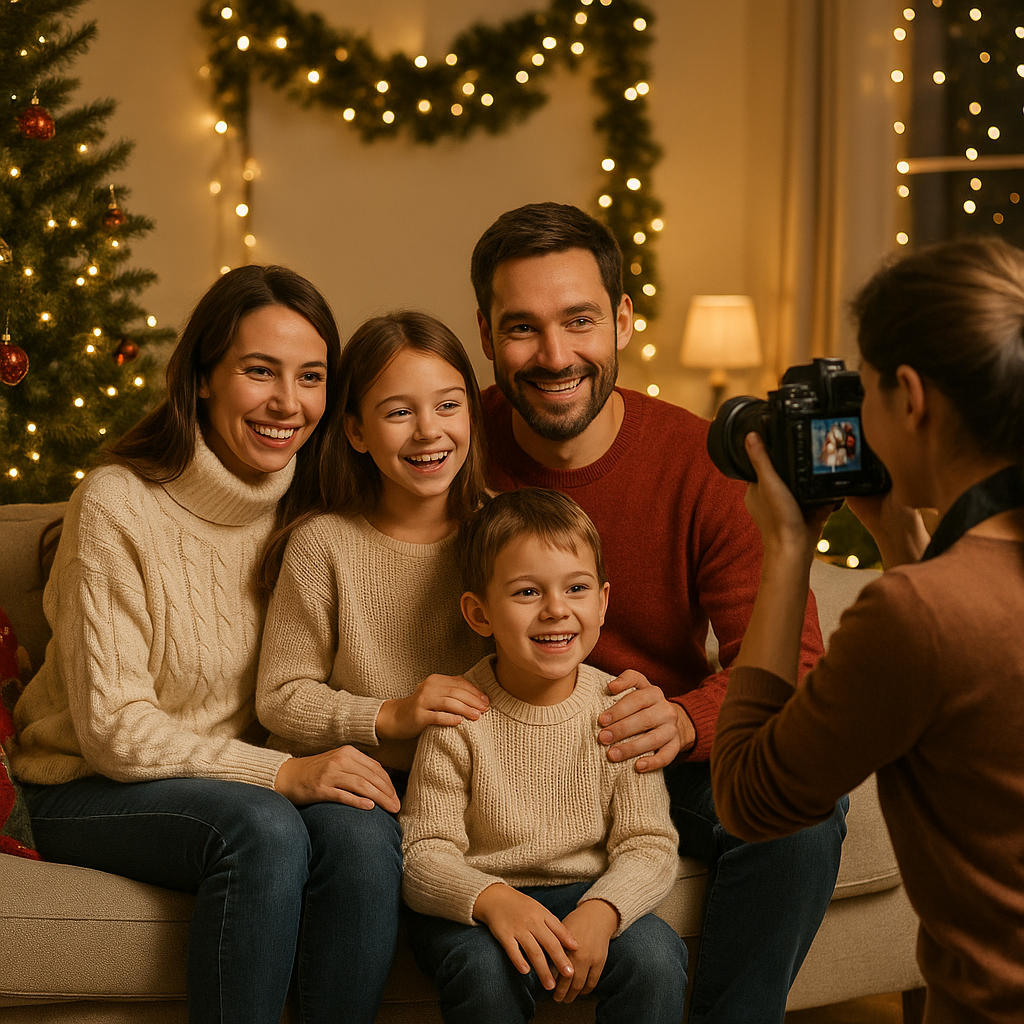 Család karácsonyi hangulatban a nappaliban
